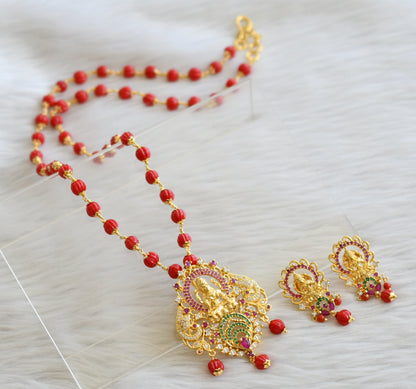 Gold tone coral pumpkin beaded ruby-green-white lakshmi necklace set dj-45049