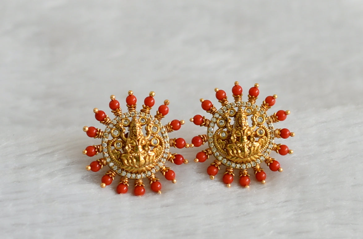 Matte finish cz white-coral beaded big lakshmi stud dj-48488