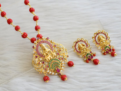 Gold tone coral pumpkin beaded ruby-green-white lakshmi necklace set dj-45049