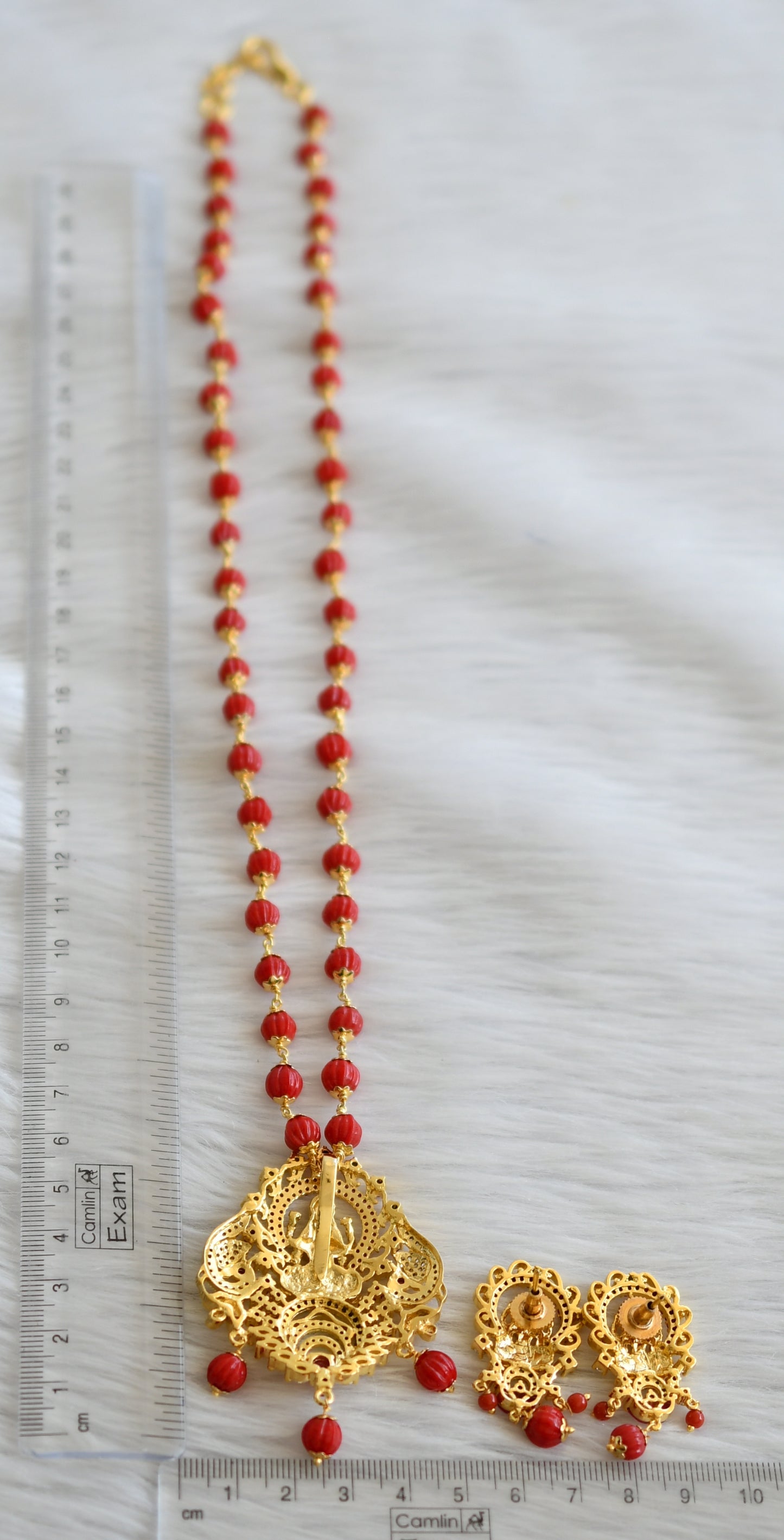 Gold tone coral pumpkin beaded ruby-green-white lakshmi necklace set dj-45049