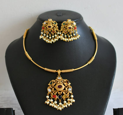 Matte finish navarathna stone hasli necklace set dj-37552