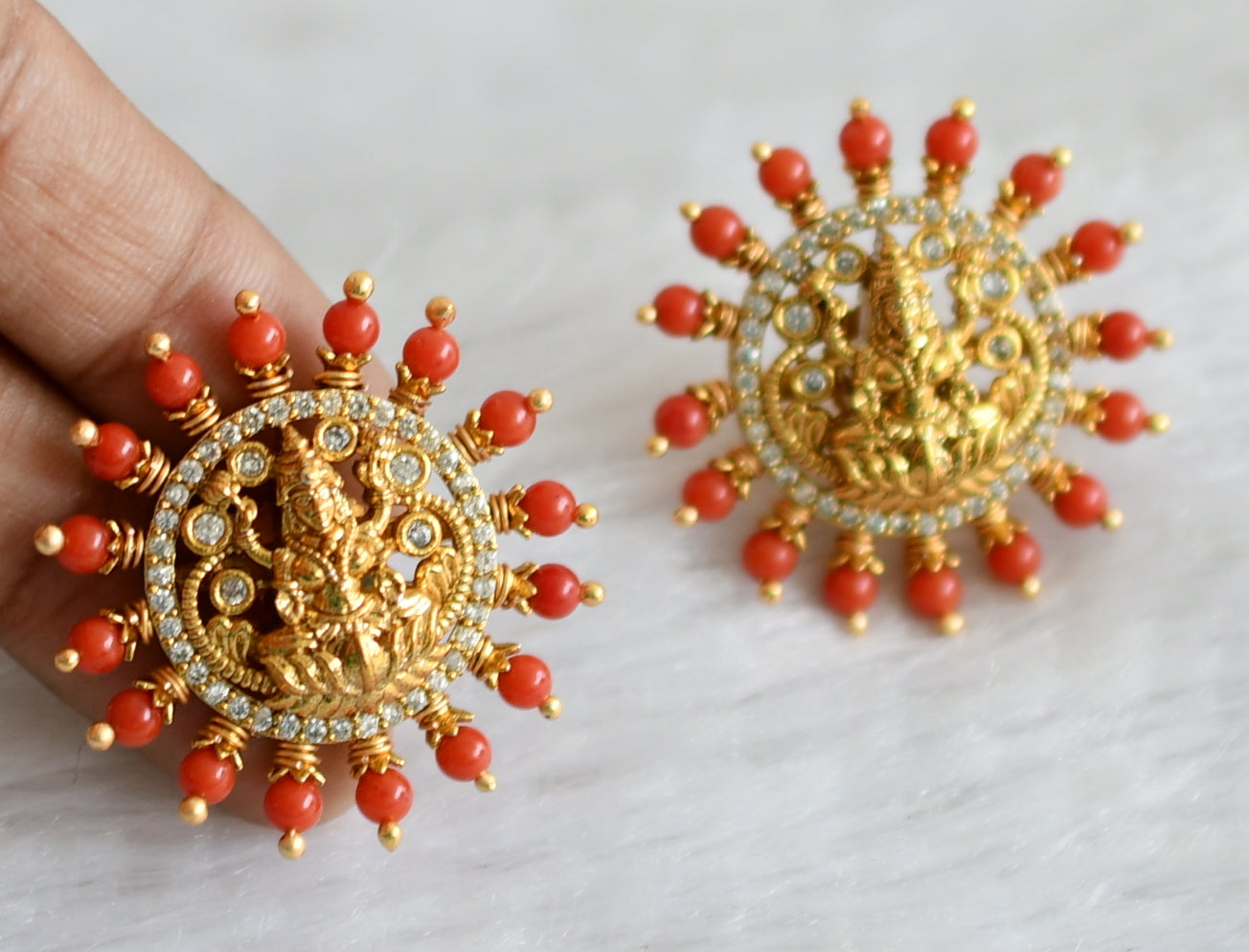 Matte finish cz white-coral beaded big lakshmi stud dj-48488