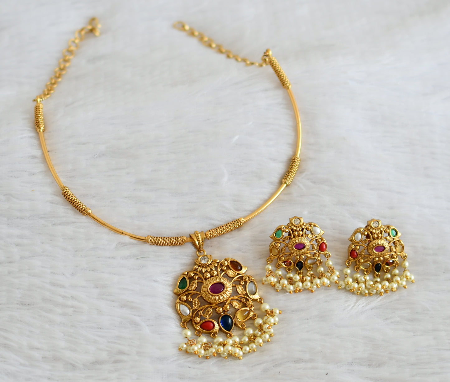 Matte finish navarathna stone hasli necklace set dj-37552