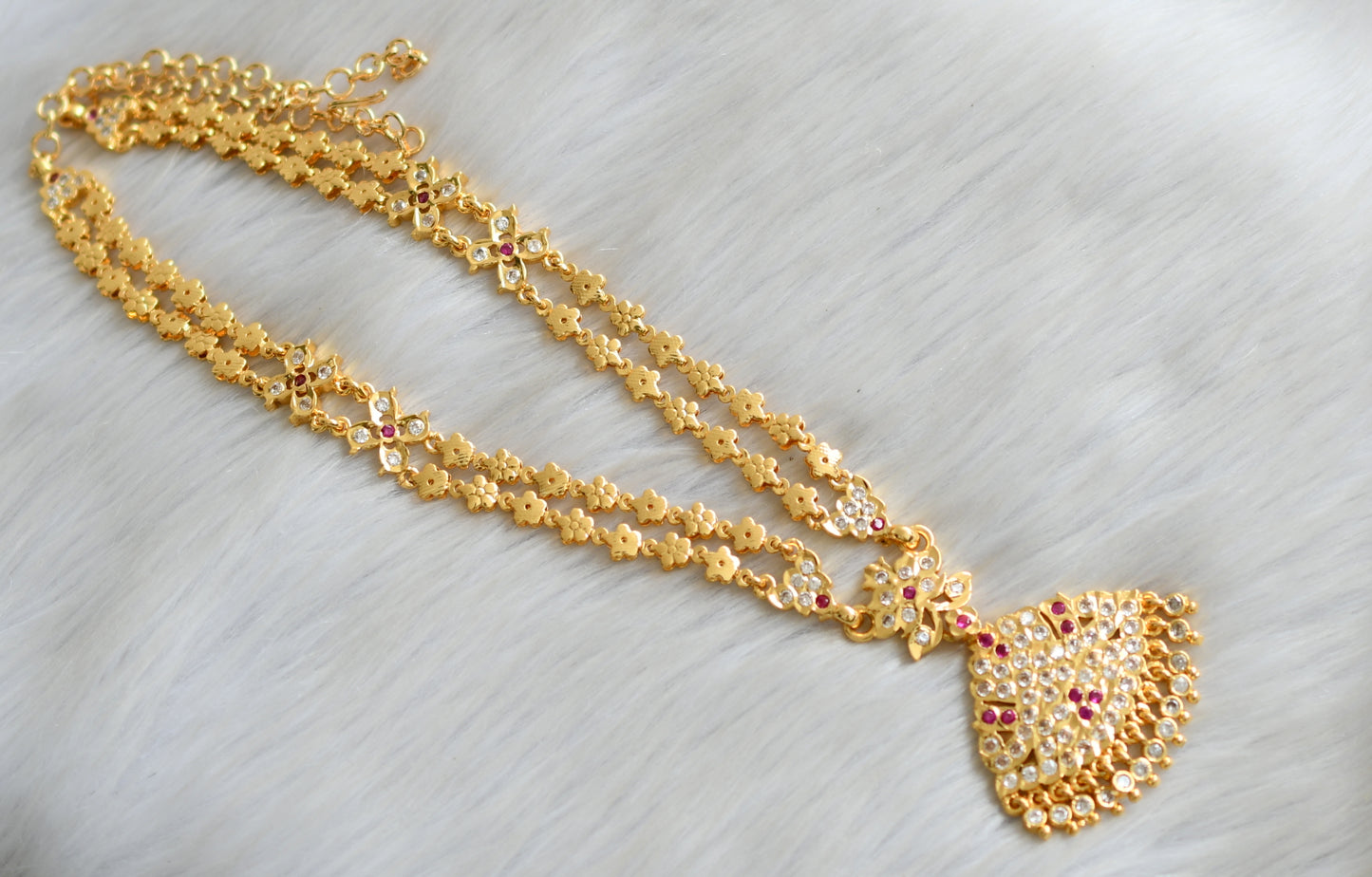 Gold tone ad ruby-white stone double layer south Indian style haar dj-42182