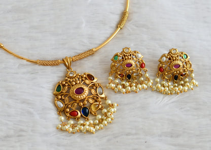 Matte finish navarathna stone hasli necklace set dj-37552