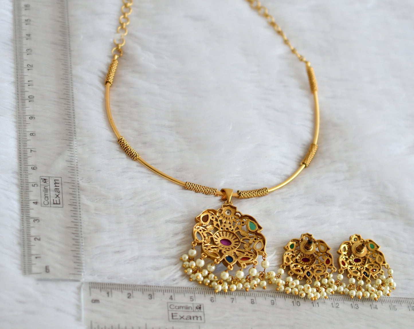 Matte finish navarathna stone hasli necklace set dj-37552