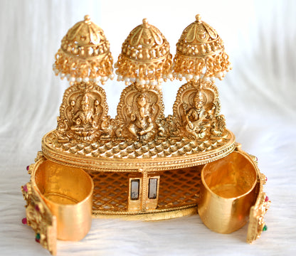 Antique gold tone kemp-green lakshmi-ganesha-saraswathi kumkum box dj-43469