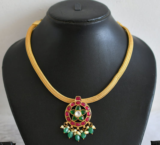 Gold tone pink-green-white kundan jadau necklace dj-36551