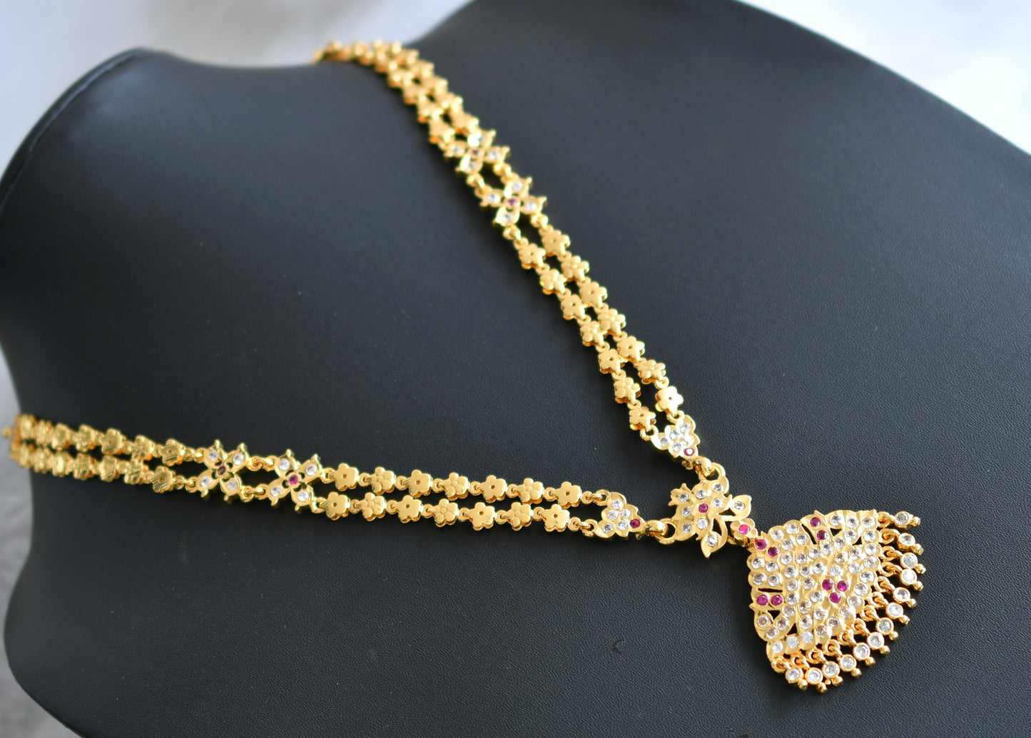 Gold tone ad ruby-white stone double layer south Indian style haar dj-42182