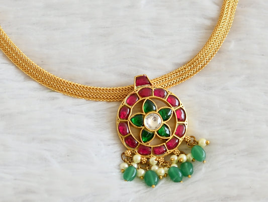 Gold tone pink-green-white kundan jadau necklace dj-36551
