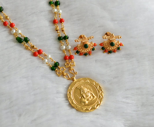 Gold tone 24 inches coral-pearl-green bead chain with krishna pendant dj-46737