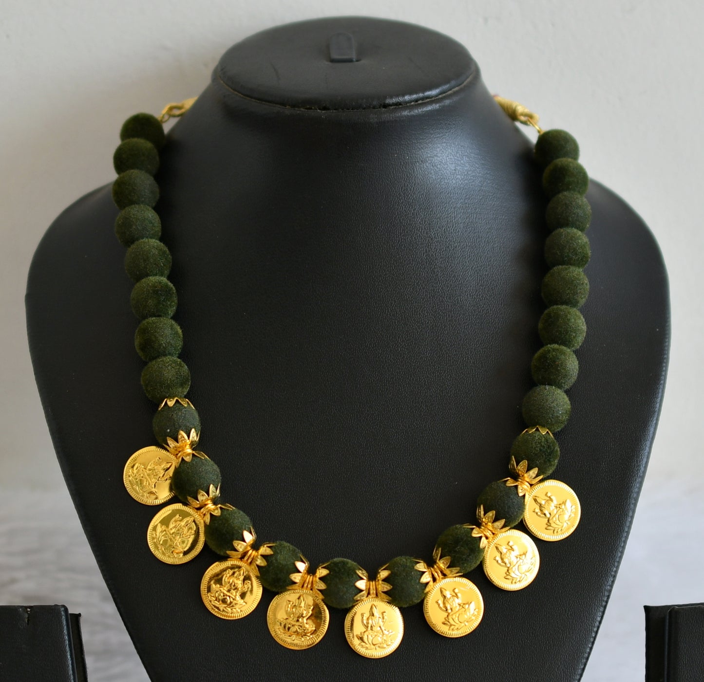 Gold tone Lakshmi Coin Olive green velvet beaded Necklace DJ25856