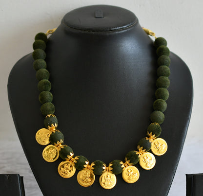 Gold tone Lakshmi Coin Olive green velvet beaded Necklace DJ25856