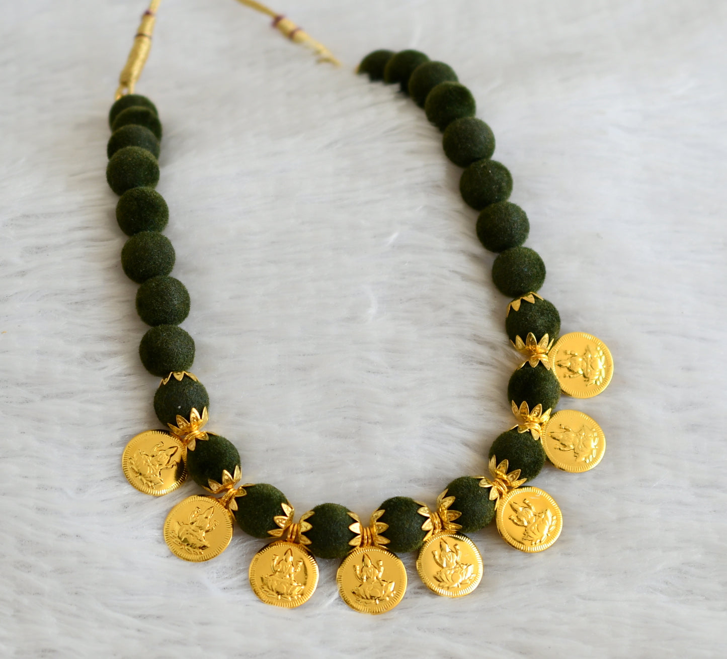 Gold tone Lakshmi Coin Olive green velvet beaded Necklace DJ25856