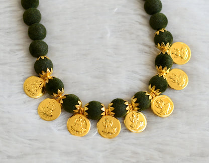 Gold tone Lakshmi Coin Olive green velvet beaded Necklace DJ25856