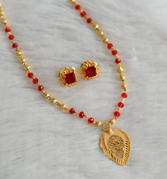 Gold tone 24 inches red beaded chain with om pendant set dj-46746