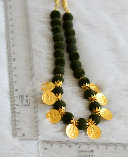 Gold tone Lakshmi Coin Olive green velvet beaded Necklace DJ25856