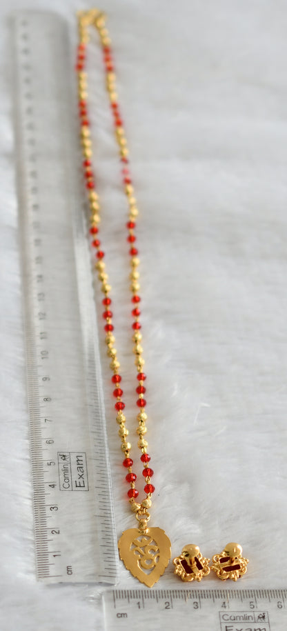 Gold tone 24 inches red beaded chain with om pendant set dj-46746