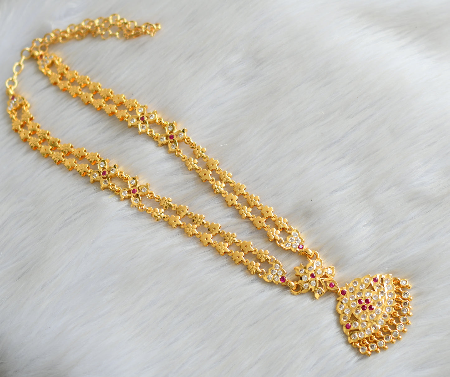 Gold tone ad ruby-white stone double layer south Indian style haar dj-42183