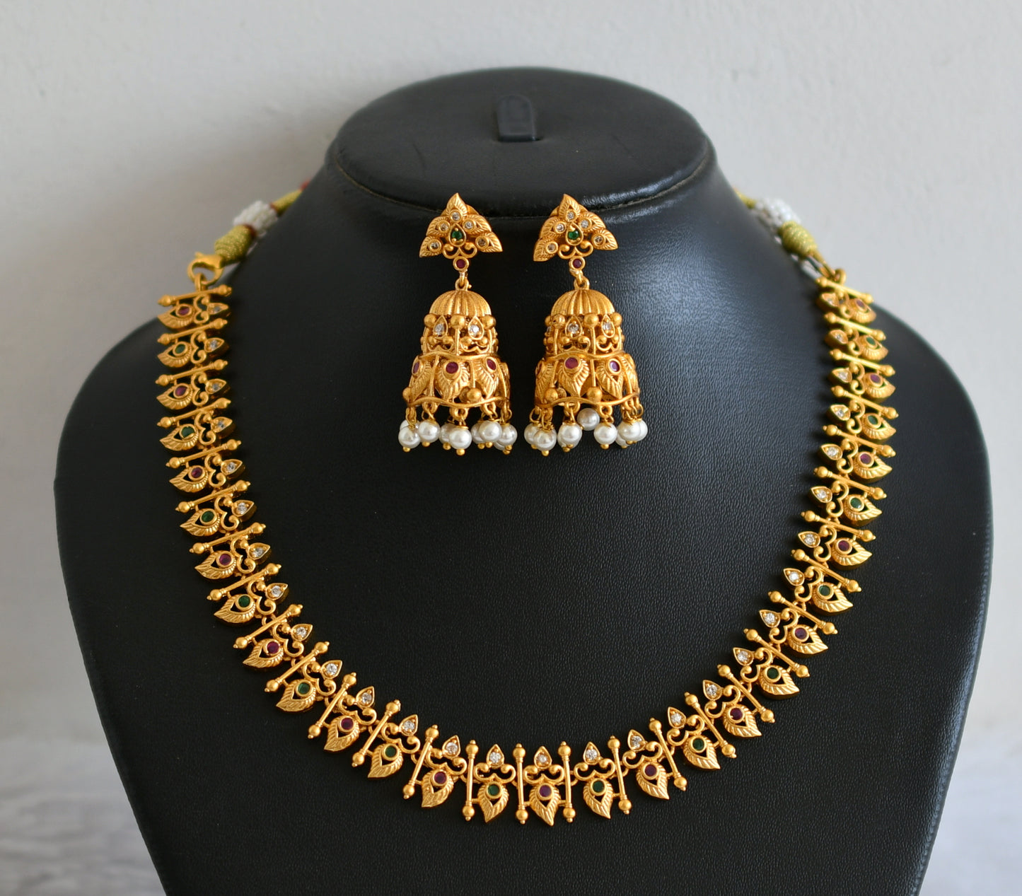 Matte Finish Cz Ruby-green Mango Necklace Set DJ31473