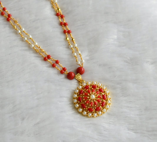 Gold tone 24 inches coral-pearl chain with coral-pearl round flower pendant dj-46734