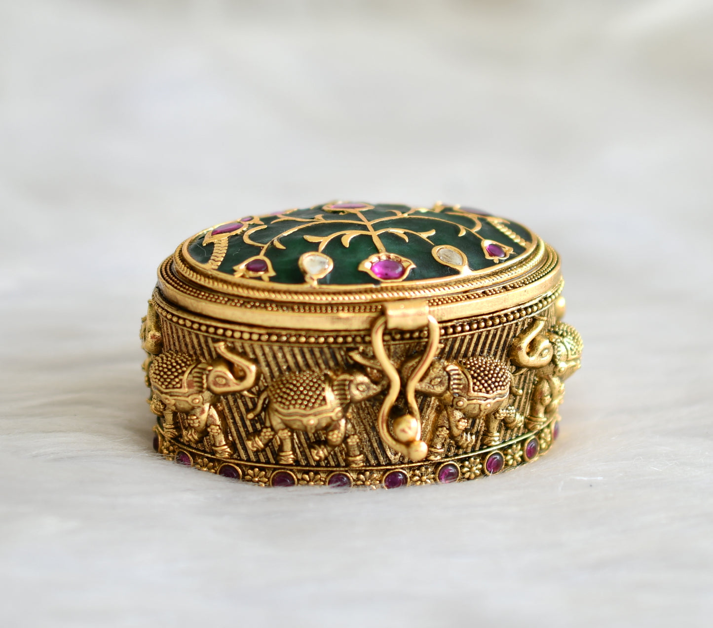 Antique gold tone kemp elephant kundan green kumkum box dj-43465