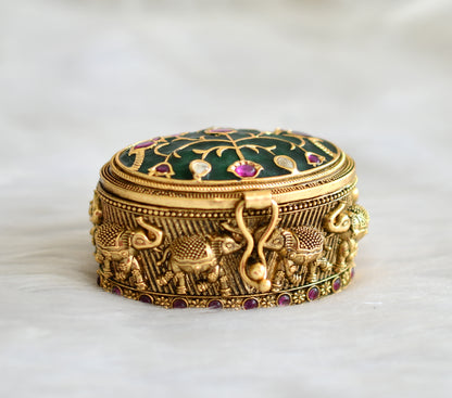 Antique gold tone kemp elephant kundan green kumkum box dj-43465