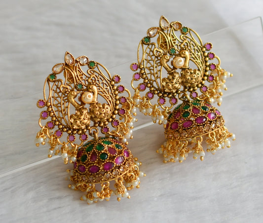 Matte finish ruby-green pearl cluster peacock jhumkka dj-46748