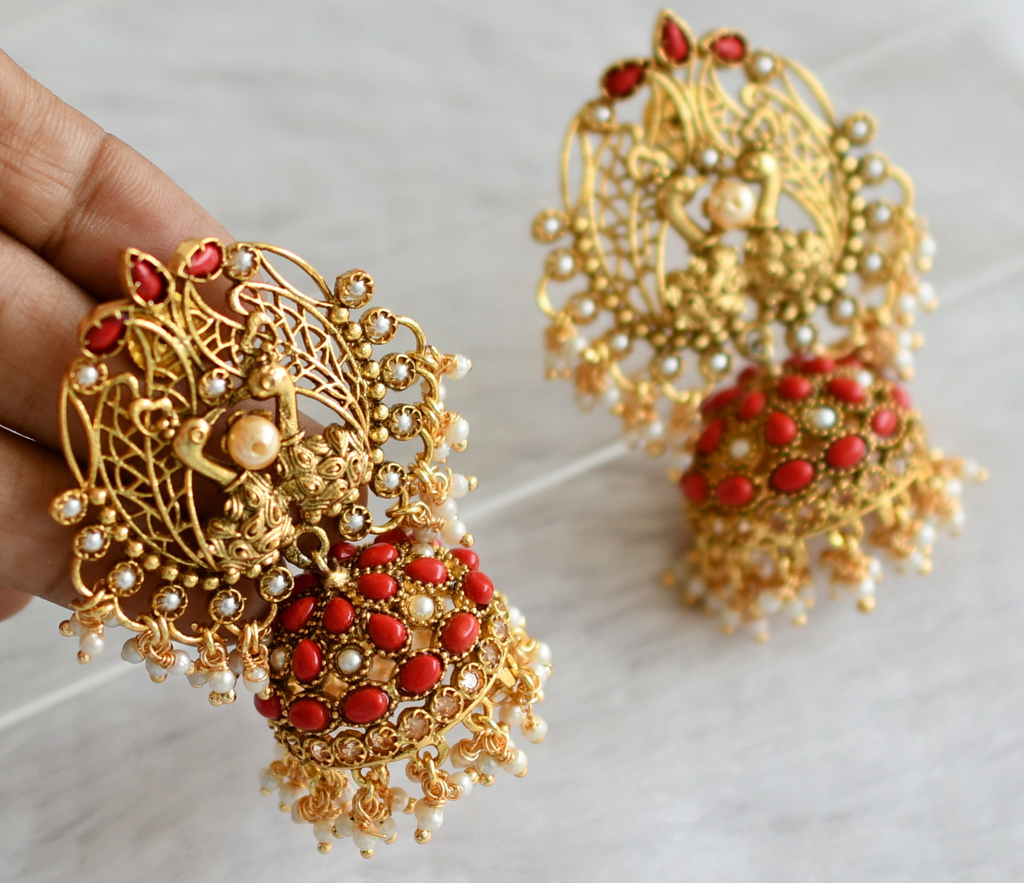 Gold tone coral-pearl cluster peacock jhumkka dj-46749