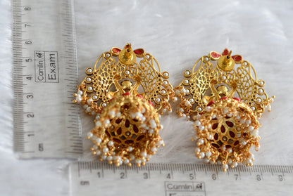 Gold tone coral-pearl cluster peacock jhumkka dj-46749