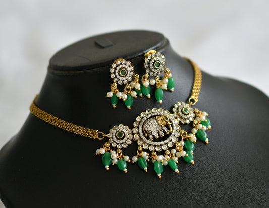 Antique cz green-white stone green beaded victorian elephant flower choker necklace set dj-46751