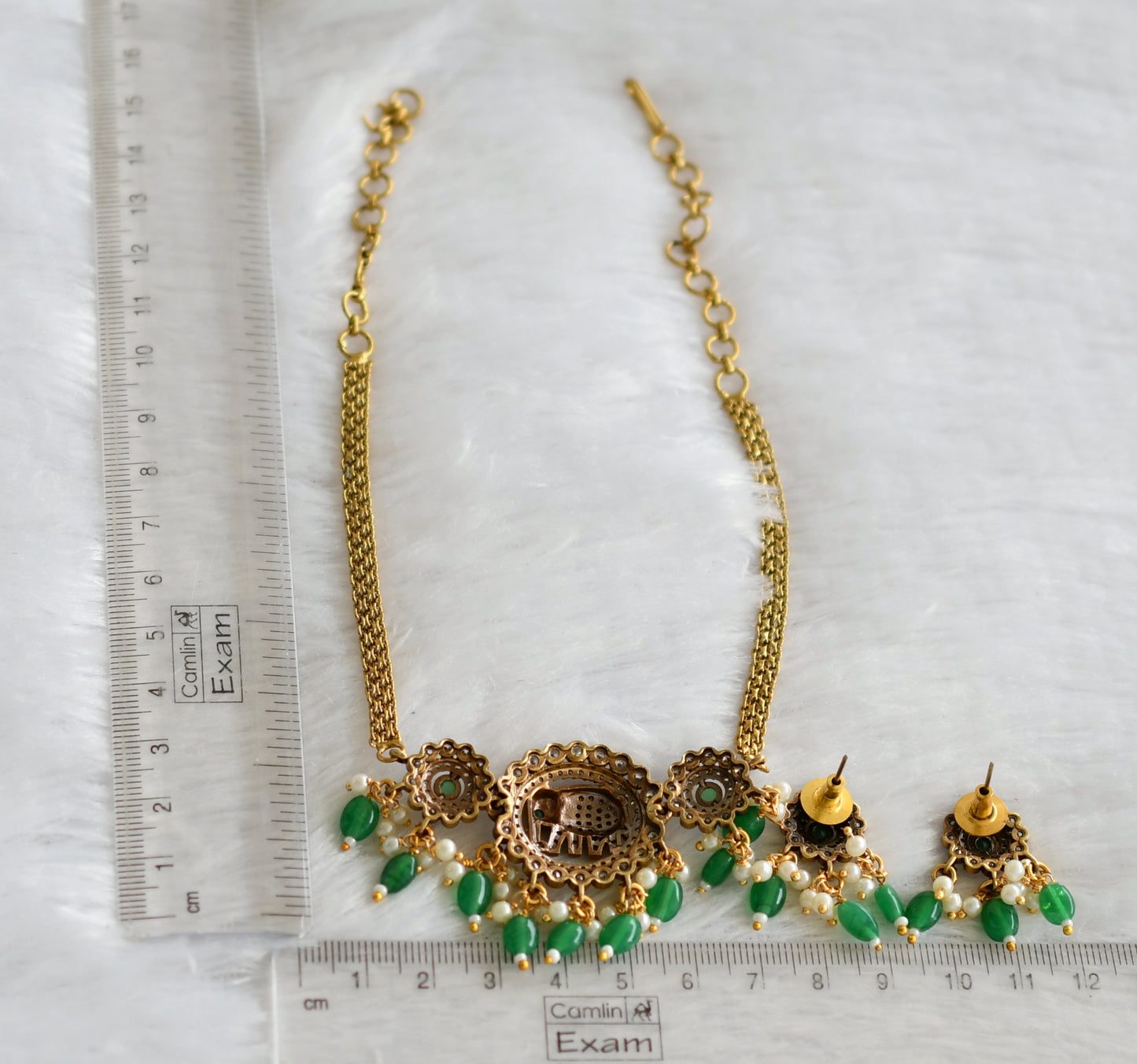 Antique cz green-white stone green beaded victorian elephant flower choker necklace set dj-46751