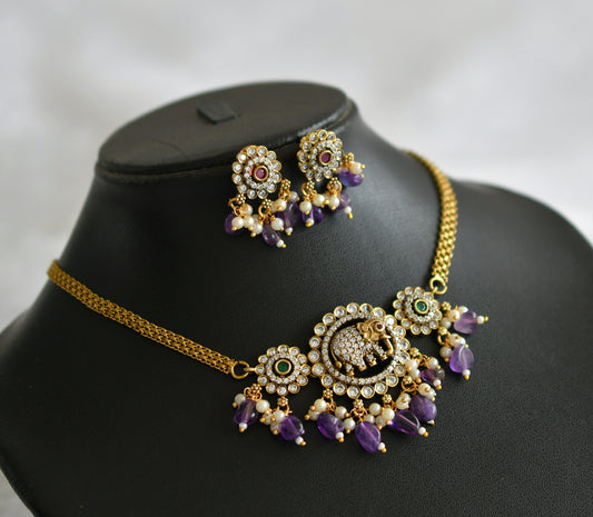 Antique cz ruby-green-white purple beaded victorian elephant flower choker necklace set dj-46750