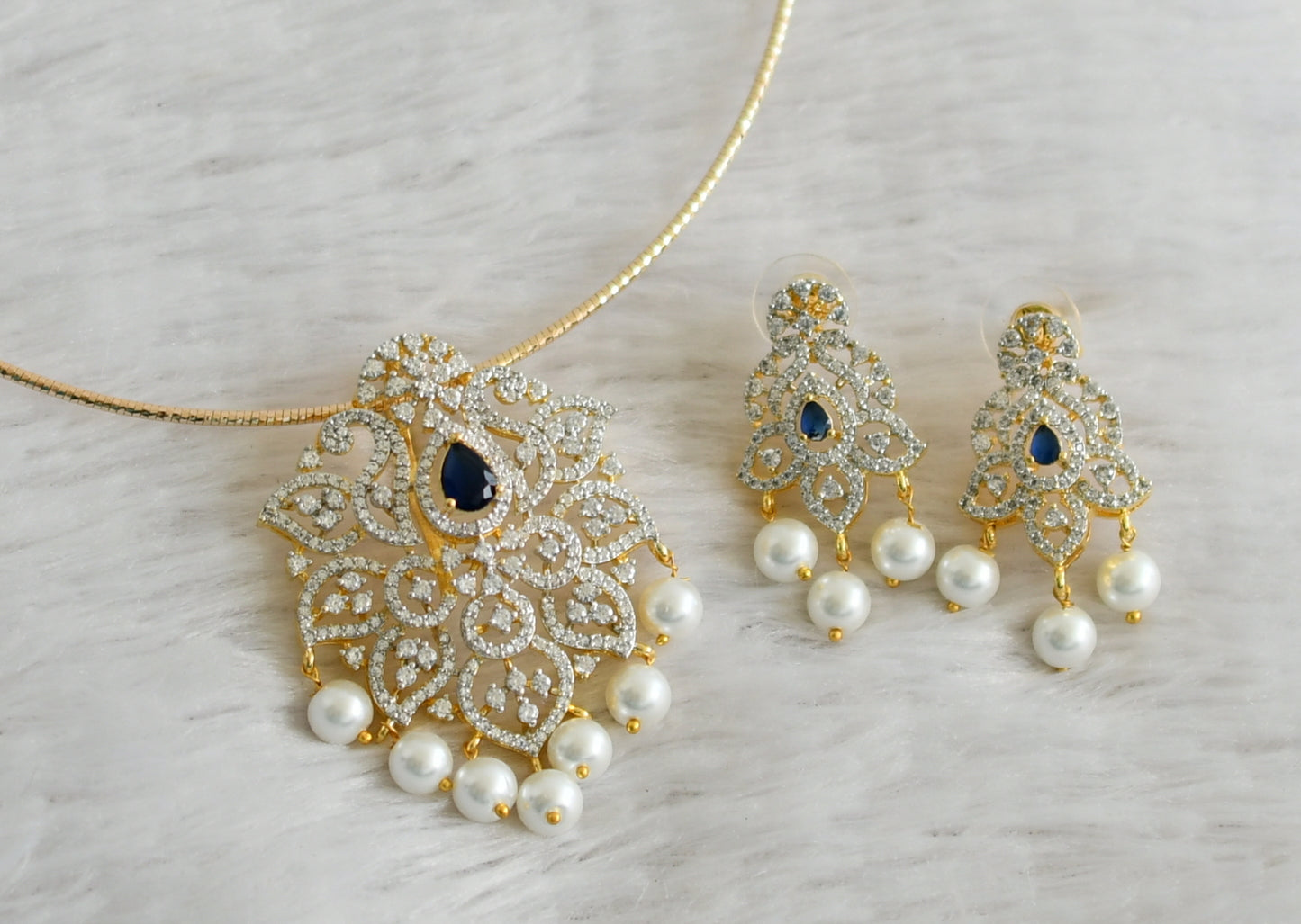 Two tone cz blue pearl pendant set with kanti chain dj-48508