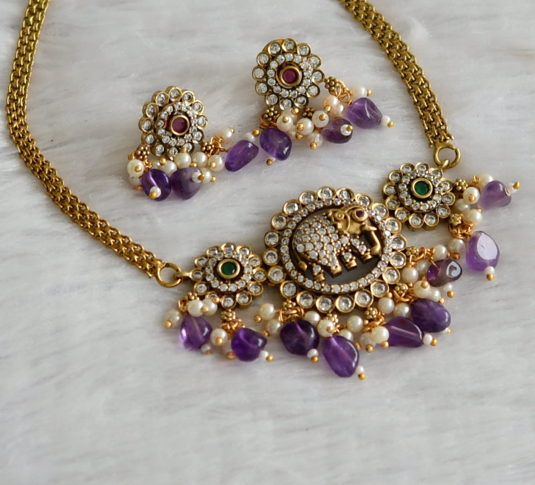 Antique cz ruby-green-white purple beaded victorian elephant flower choker necklace set dj-46750