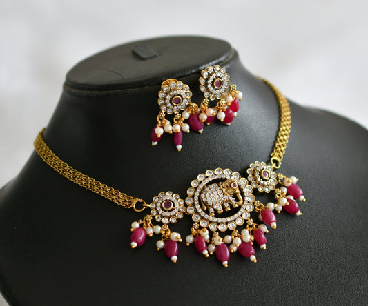 Antique cz ruby-white stone pink beaded victorian elephant flower choker necklace set dj-46752