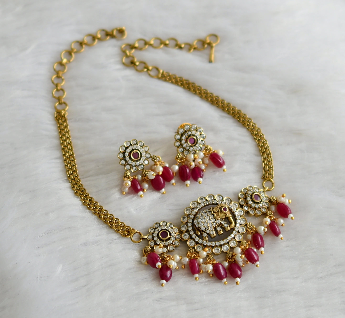 Antique cz ruby-white stone pink beaded victorian elephant flower choker necklace set dj-46752