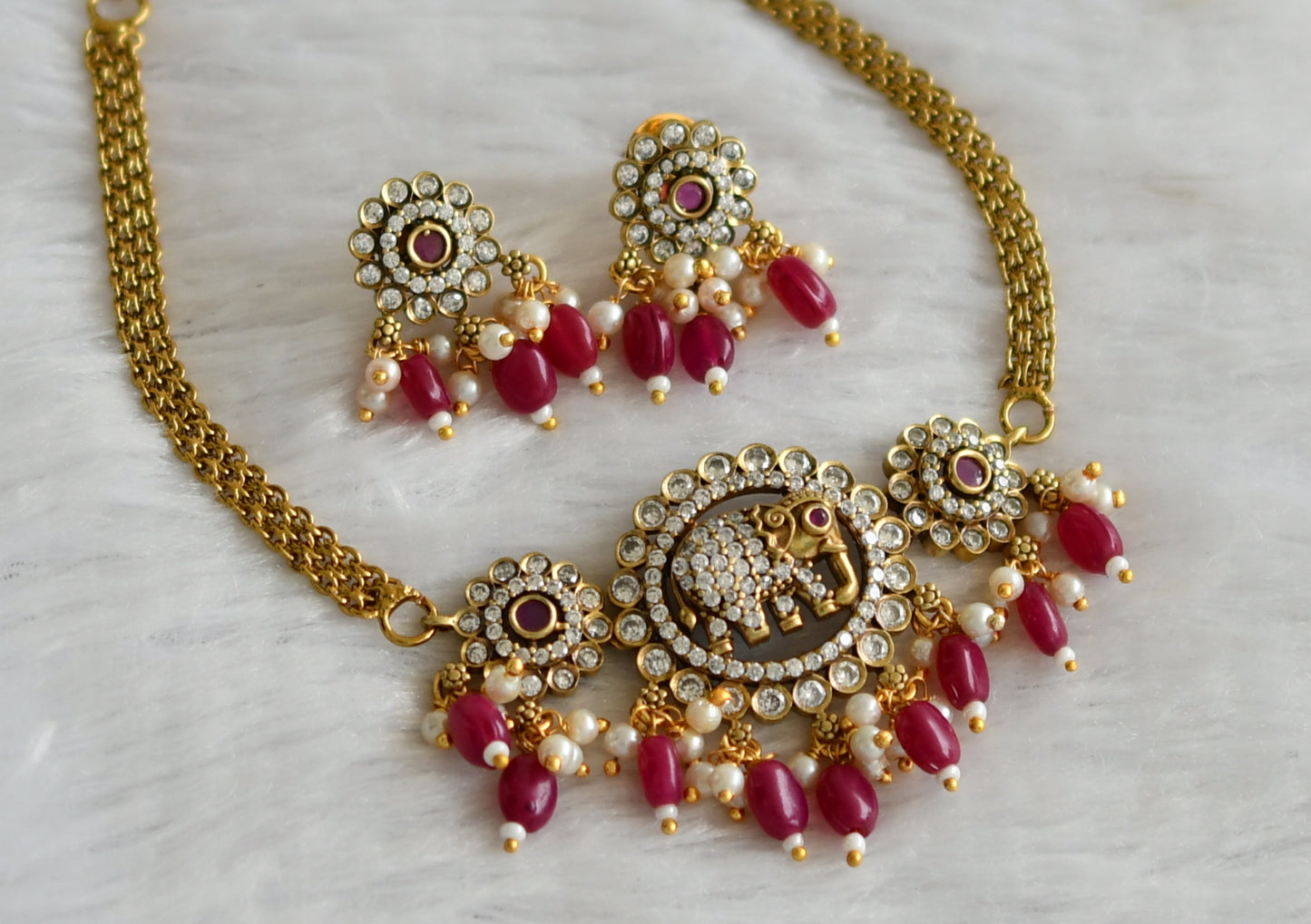 Antique cz ruby-white stone pink beaded victorian elephant flower choker necklace set dj-46752