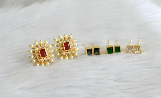 Gold tone cz ruby-green-blue-white pearl block stone changeable earrings dj-43483