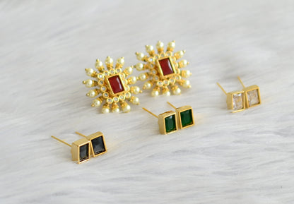 Gold tone cz ruby-green-blue-white pearl block stone changeable stud/earrings dj-43483