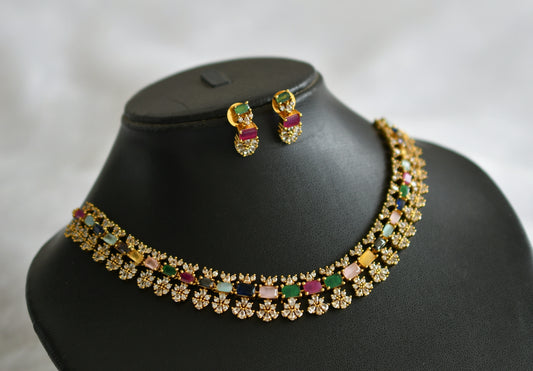 Matte finish cz multi color block stone flower necklace set dj-46756
