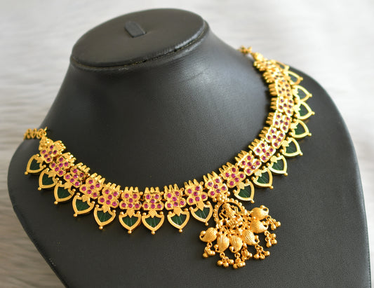 Gold look alike kerala style pink-green lakshmi palakka necklace dj-45055