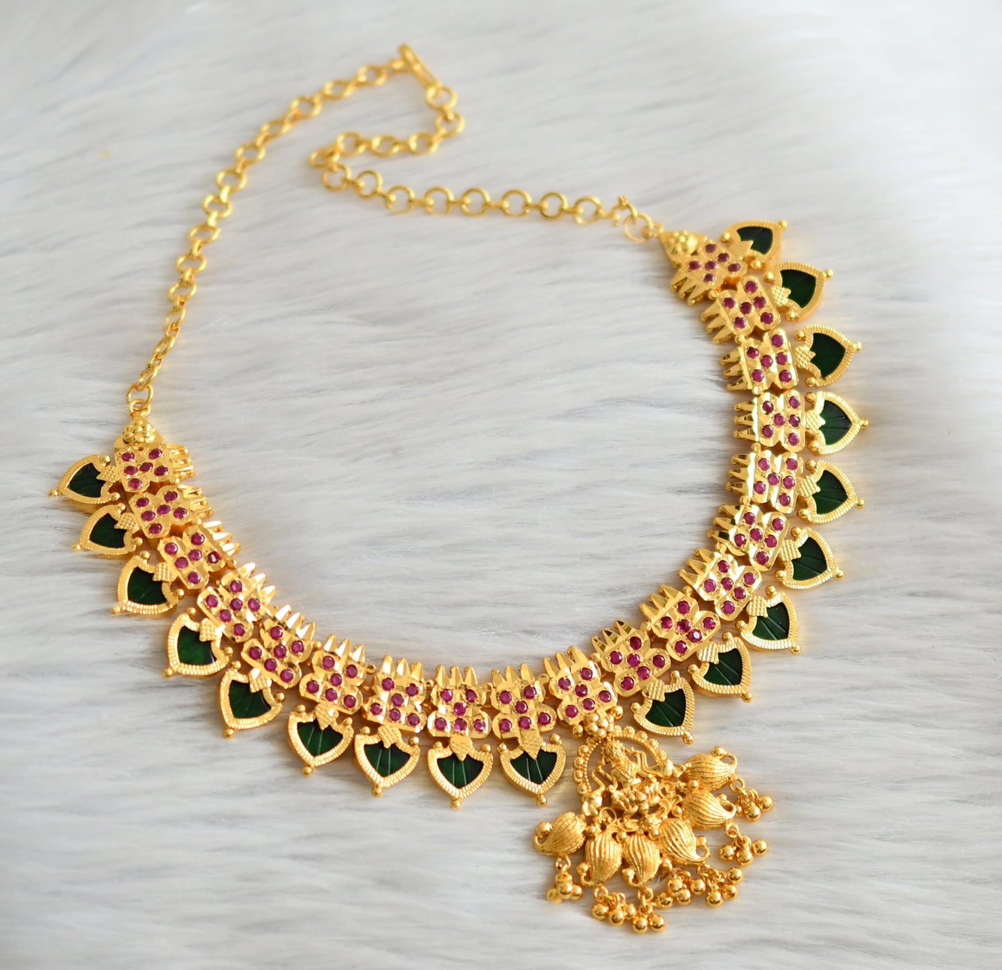 Gold look alike kerala style pink-green lakshmi palakka necklace dj-45055