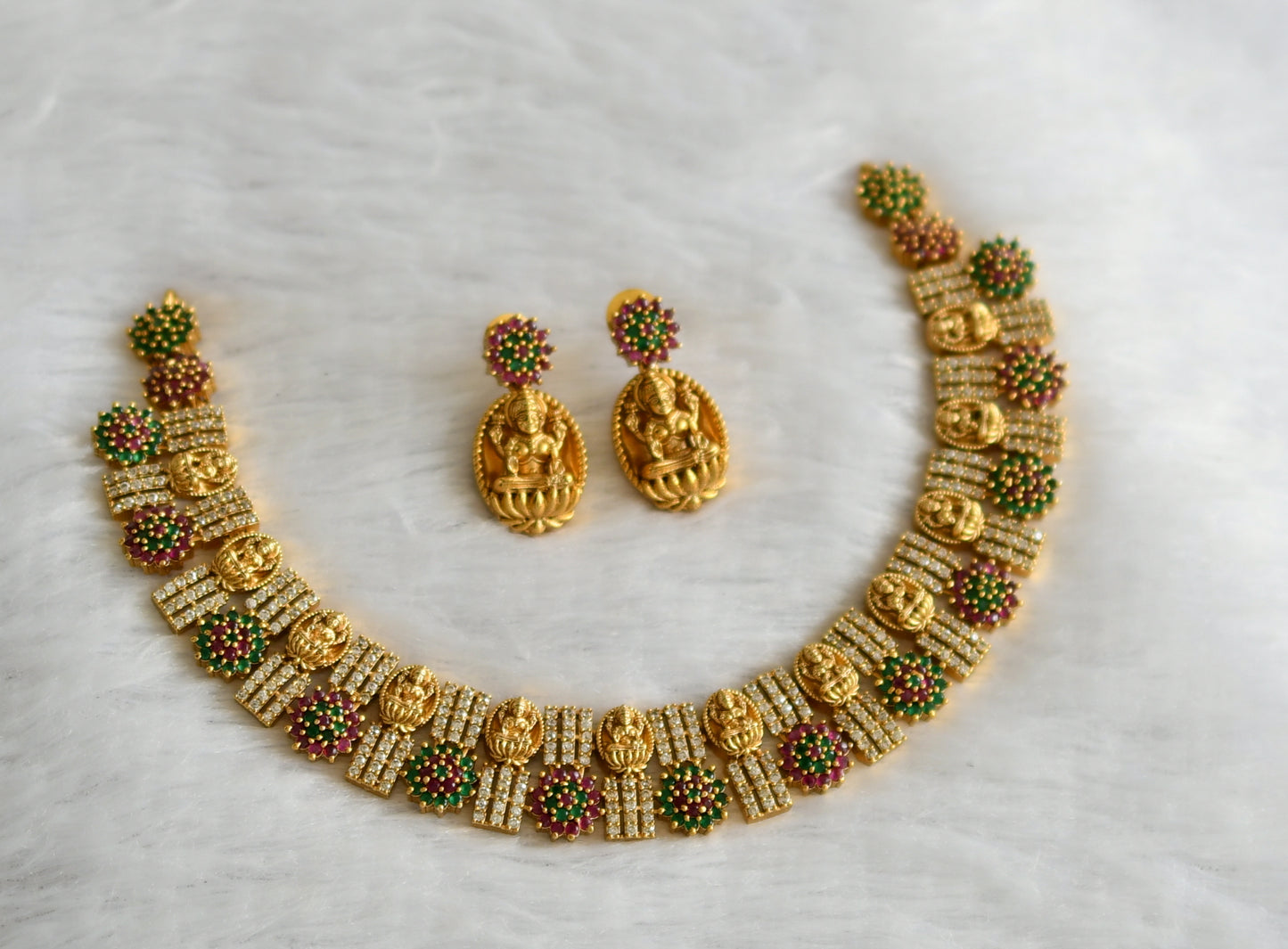 Matte finish ruby-green-white lakshmi flower necklace set dj-46758