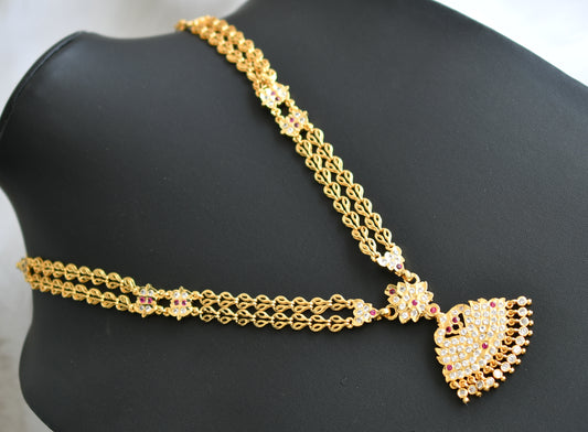 Gold tone ad ruby-white stone double layer peacock south Indian style haar dj-42193