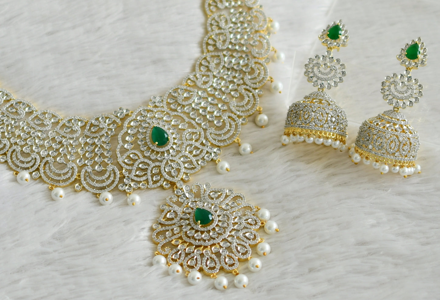 Two tone cz white-emerald stone haar set dj-48520