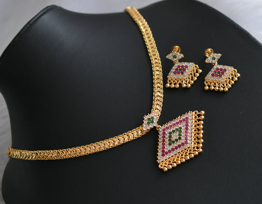 Gold tone pink-white-green stone  pathakkam necklace set dj-42217