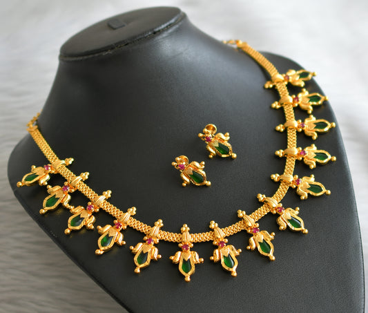 Gold tone kerala style pink-green nagapadam lotus necklace set dj-45059