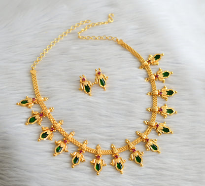 Gold tone kerala style pink-green nagapadam lotus necklace set dj-45059