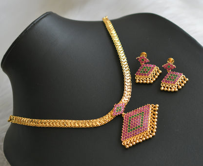 Gold tone pink-green stone  pathakkam necklace set dj-42219